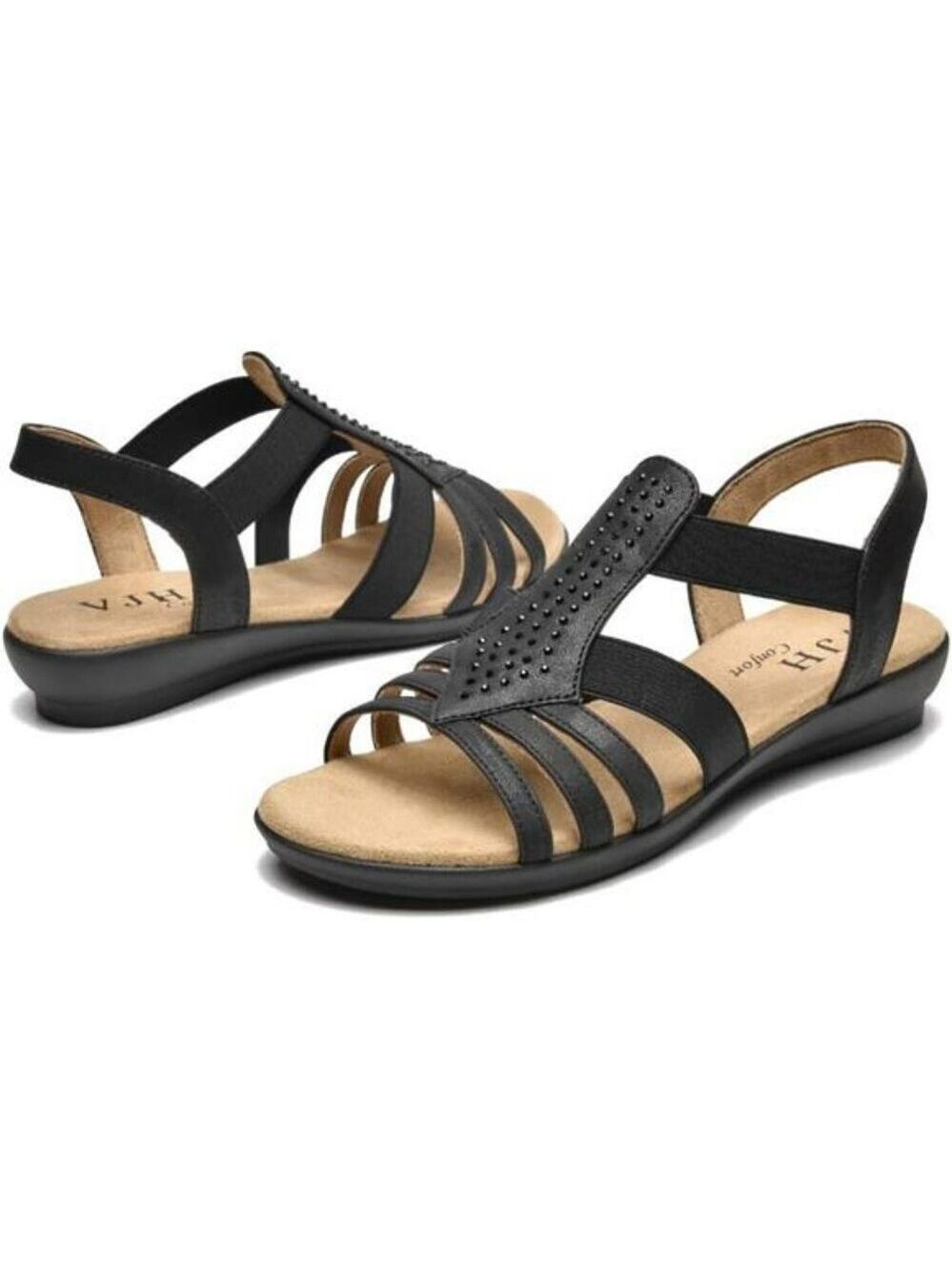 Womens Rhinestone Flat Sandals Slip On Elastic Slingback Comfort Walking Shoes